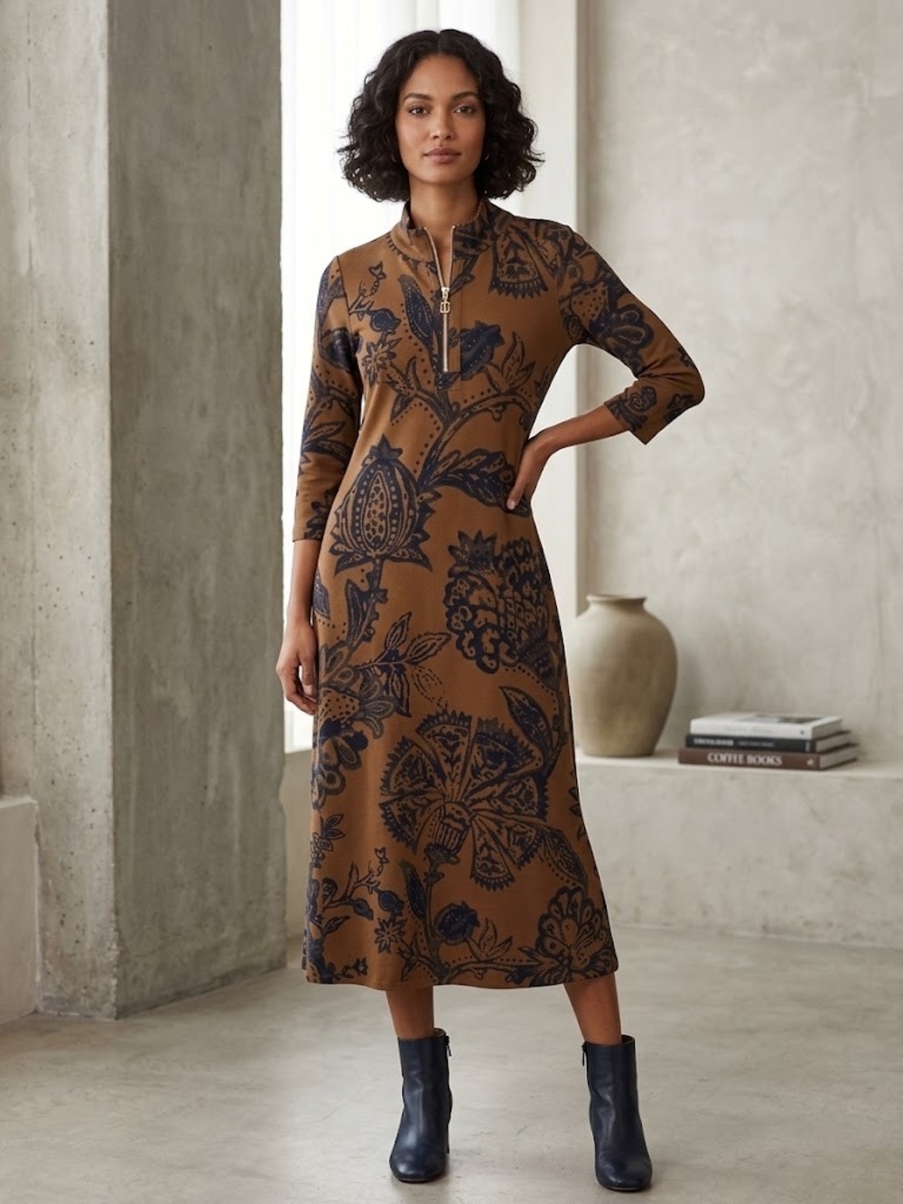 Spartina 449 Nora Brown Floral Zip-Neck Midi Dress